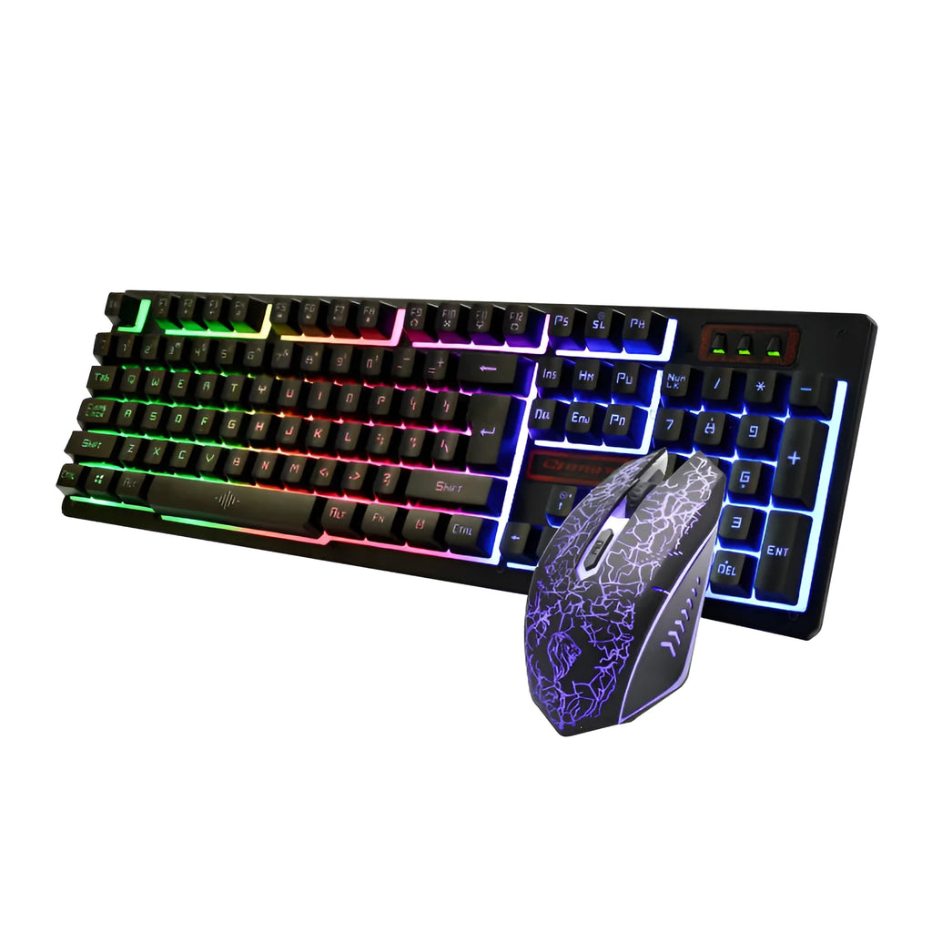 K13 wired gaming keyboard and mouse set with USB cables and black finish on desk