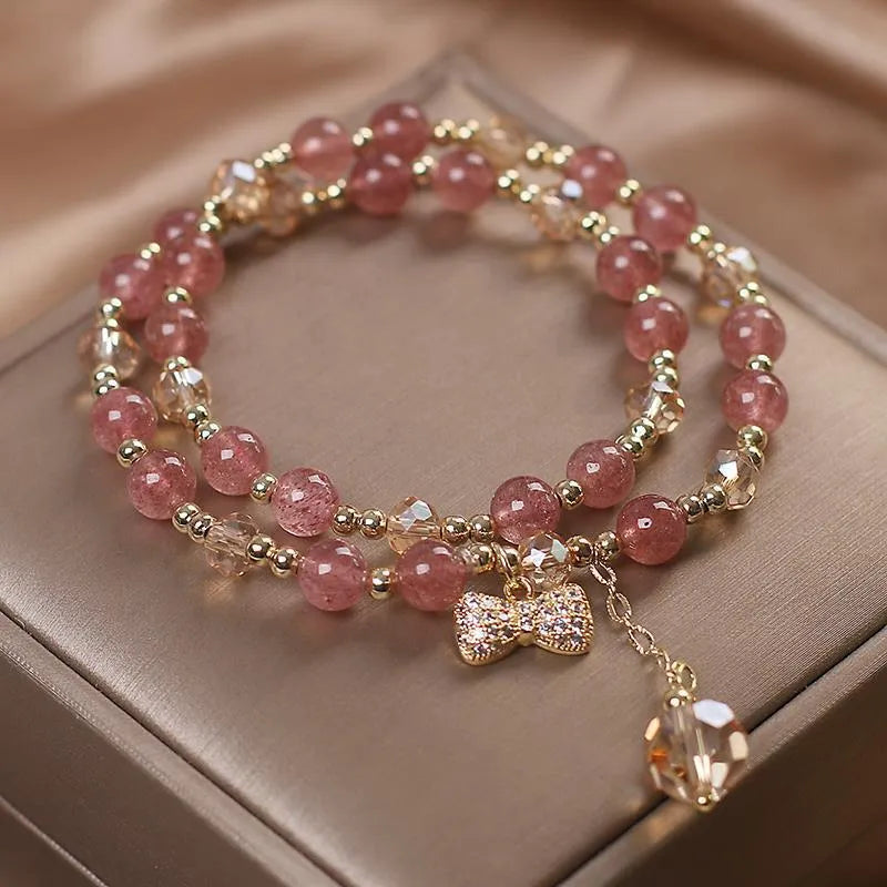 Gold double layer strawberry quartz bracelet for women with U-shaped original design