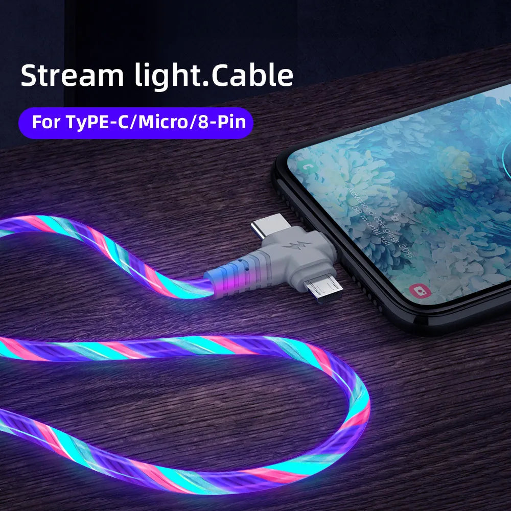 3-in-1 fast charging cable with aluminum alloy joints, luminous finish, USB A to Type C and Micro USB, 1m length