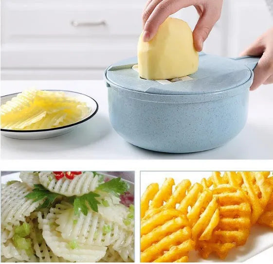 8 in 1 mandoline slicer set with stainless steel blades, drain basket, container and hand protector, 29.5 cm x 12.0 cm x 9.5 cm