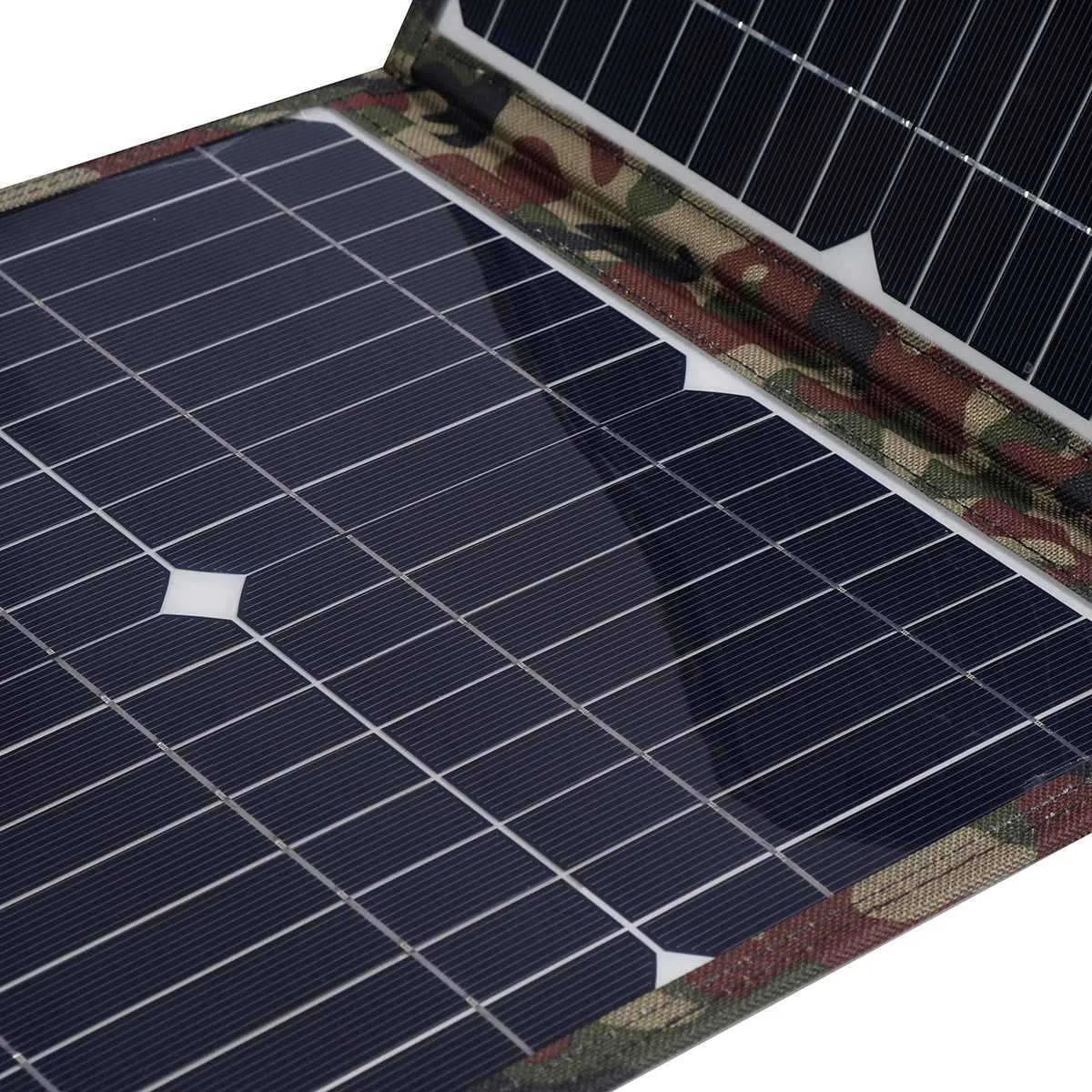 Black foldable 36W solar panel measuring 87cm x 28.5cm with charging accessories