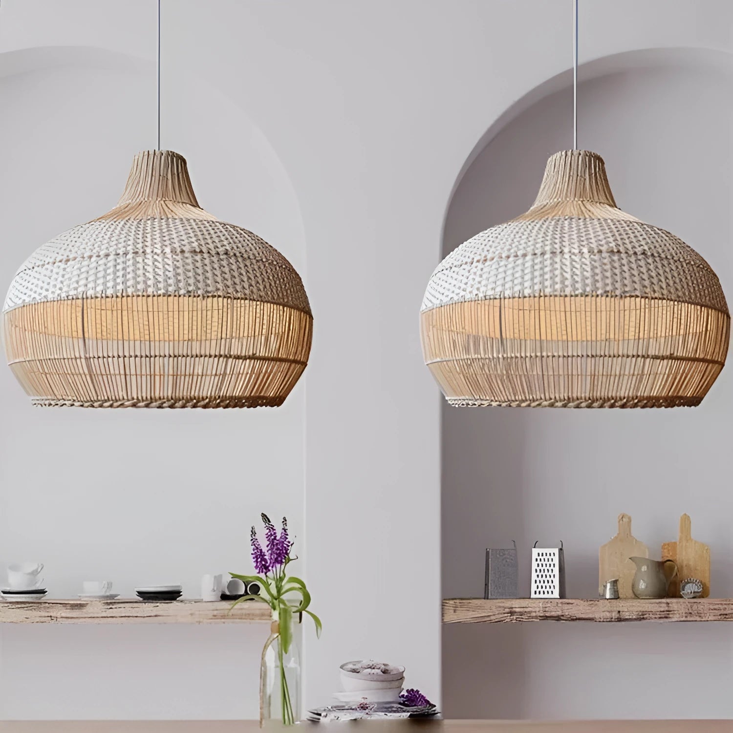 Woven rattan ceiling chandelier with a 60cm diameter in a Silent Wind style.