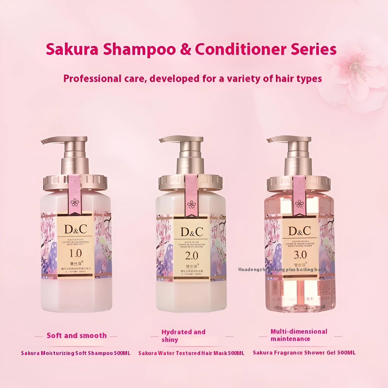 Sakura shampoo, hair conditioner and shower gel three-product set in 500ml bottles