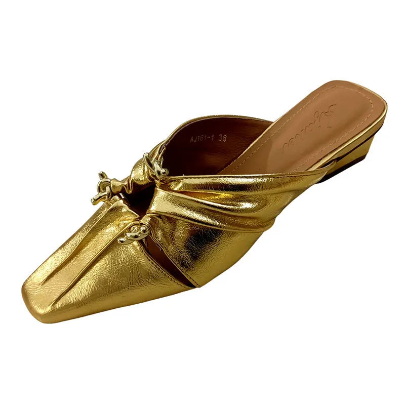 Genuine leather women's slippers with square toe cap and oversleeve design in gold colour