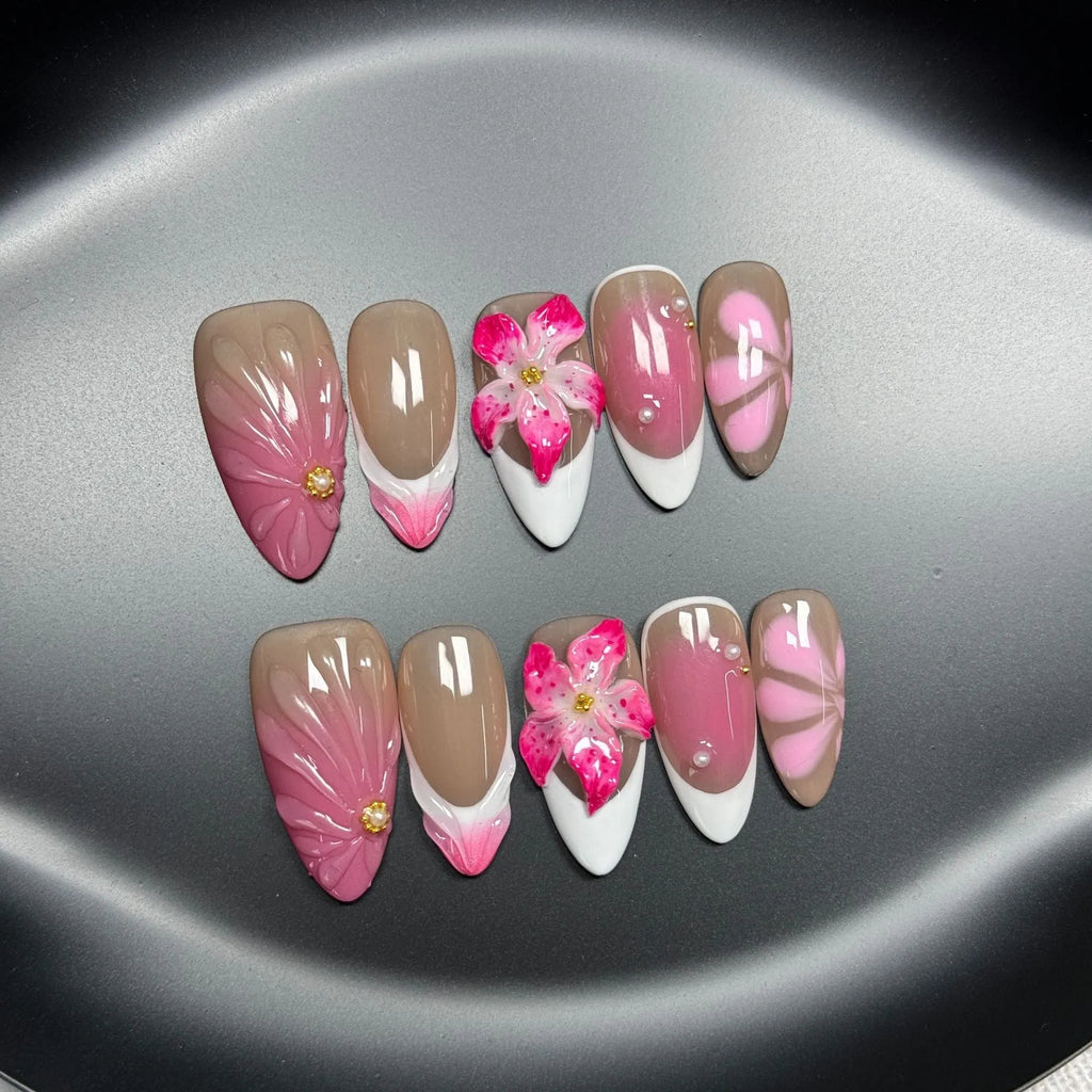 French style three-dimensional lily and ice flower manicure wraps in almond shape on plastic wearable armour