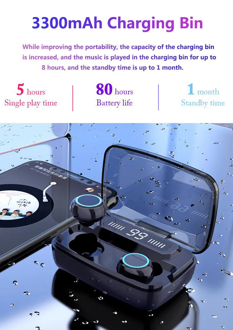 Black M11 style wireless Bluetooth headset with IPX7 waterproof rating and charging case featuring a phone holder.