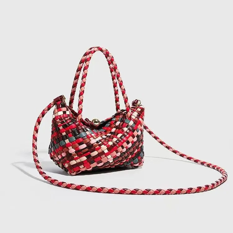Colourful woven PU leather women's casual shoulder bag, handmade.
