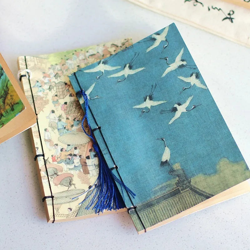 A5 antique wire-bound notebook with retro painting cover and black wax rope binding