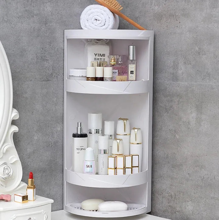 Plastic punch-free 3-tier corner shelf in Nordic white or elegant grey for bathroom or kitchen wall.