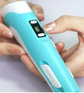 Yellow 3D printing pen with PLA filament spool on a white surface, showing nozzle and controls