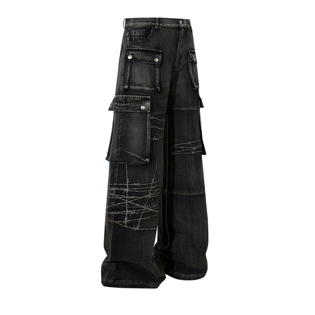 Men's black cotton embroidery trousers with wide-leg loose fit design