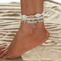 Seven-piece women's anklet set with starfish pendant, shell and rice bead details on woven wax thread, colour XY-4358