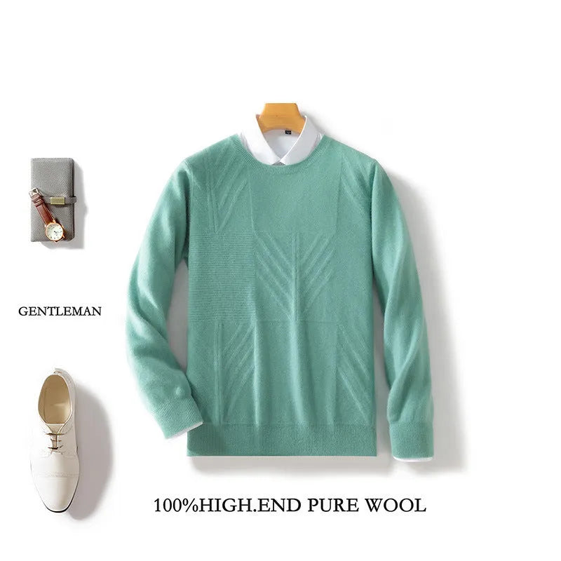 Men's round neck sweater pullover solid colour jacquard loose fit long sleeve mercerized craft