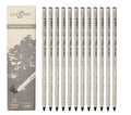 Assorted charcoal pencils in various hardness grades from HB to 12B in a box