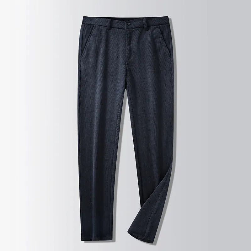 British retro striped straight-leg trousers in polyester blend fabric on size chart