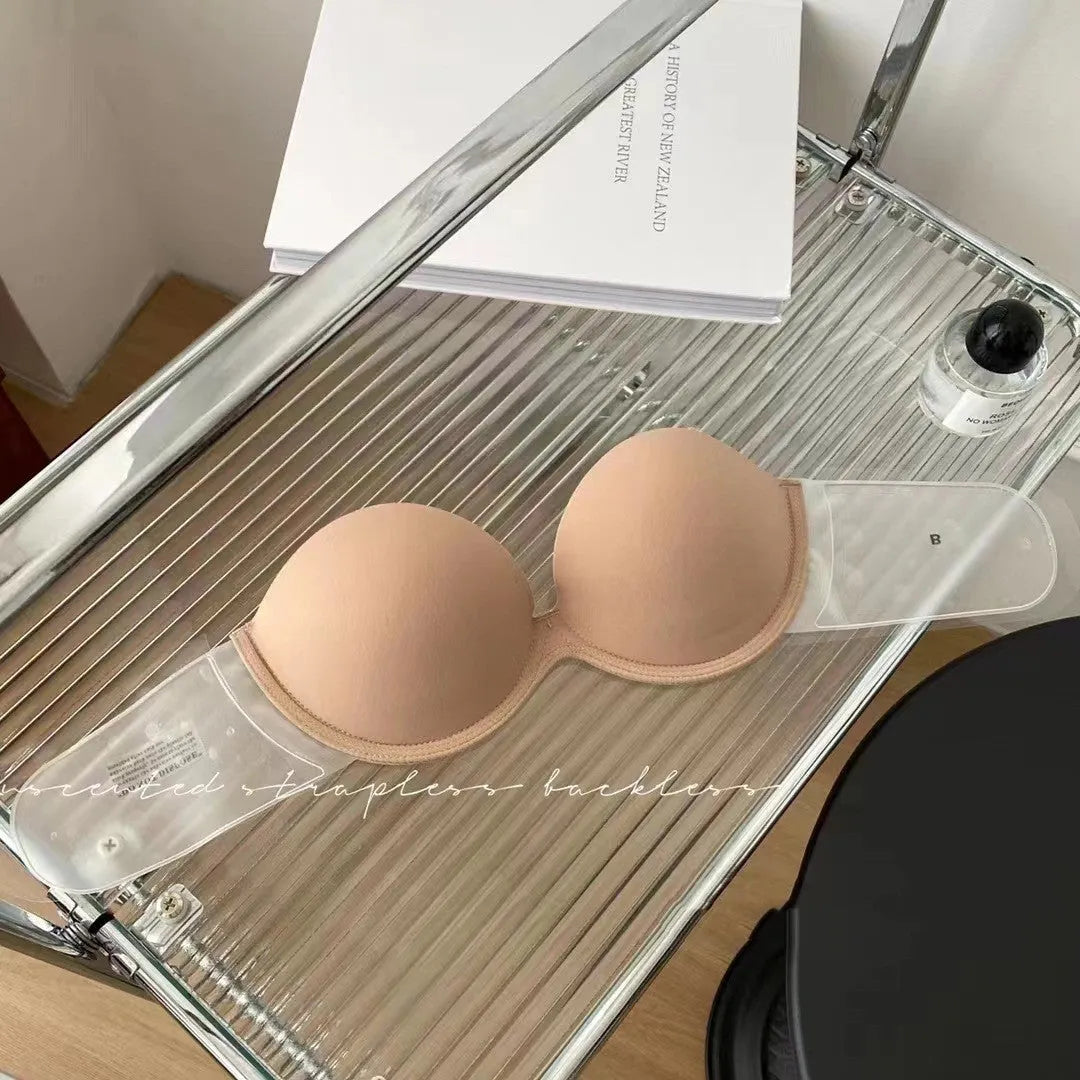 Strapless invisible back push-up bra in skin colour with moulded cup and steel ring