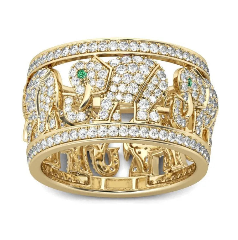 Creative elephant design alloy ring with full diamond accents in electroplated finish