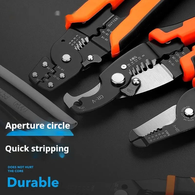 Fully automatic wire stripping pliers tool with a metal body on a white background.