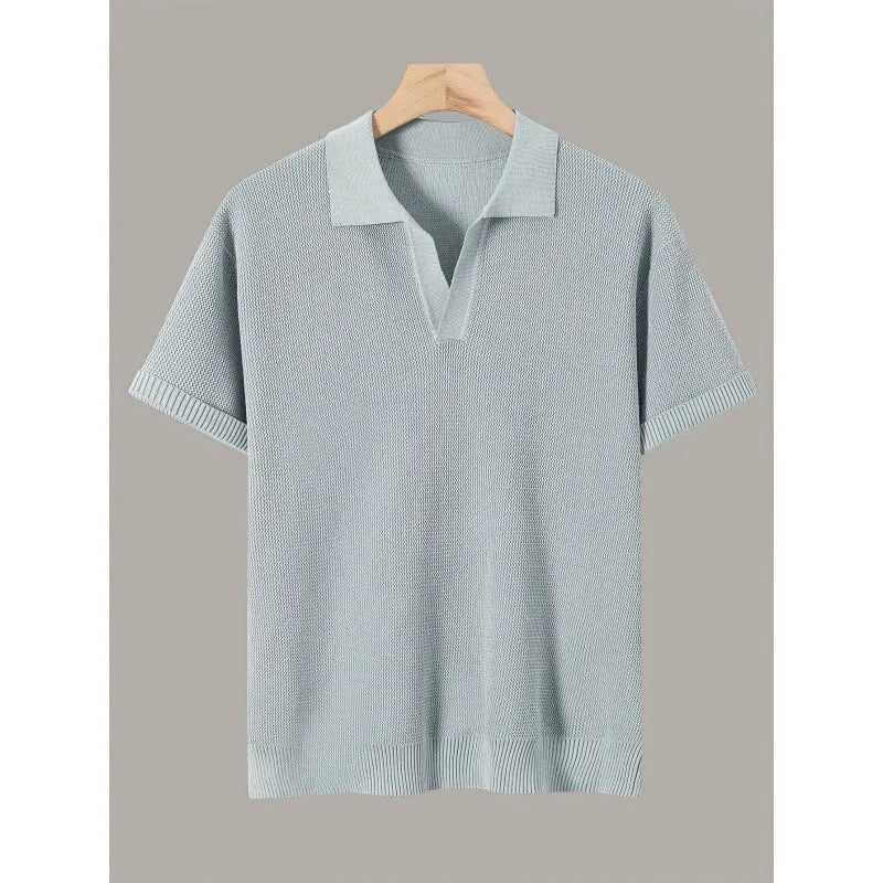 Men's short-sleeve knitted waffle sweater in multiple colours including black and khaki, casual polyester top