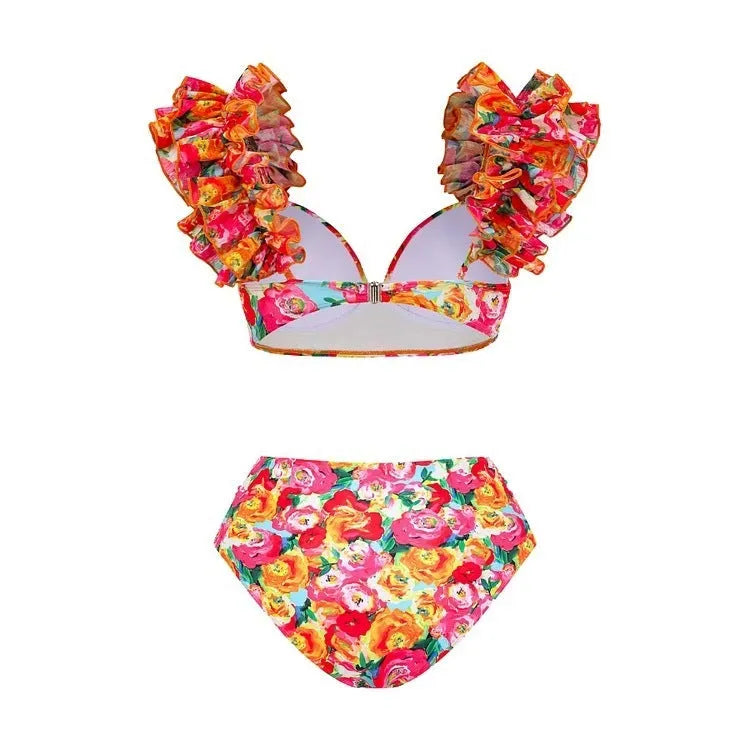 Women's floral push up bikini swimsuit with high waist split design