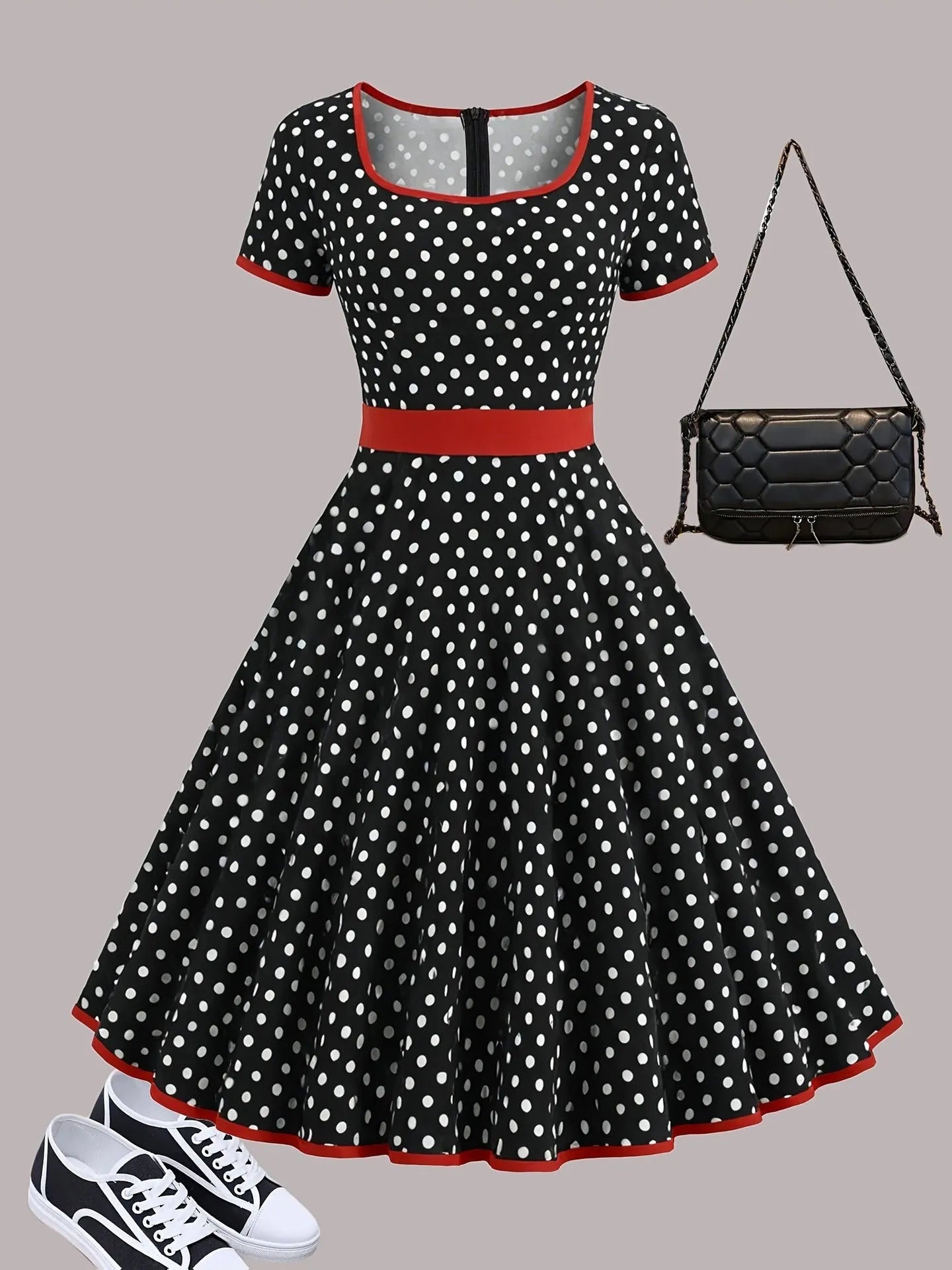 Women's multicolour polka dot dress with square collar and front zipper