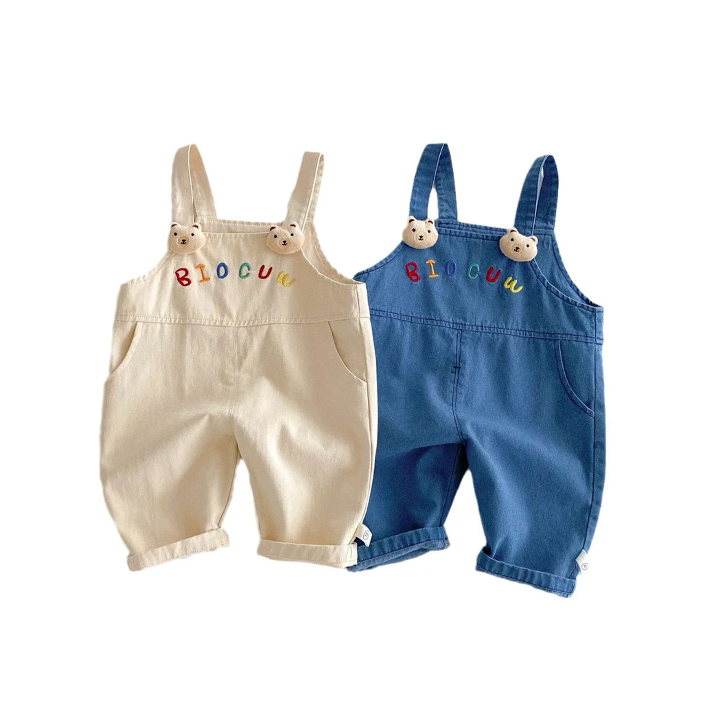 Children's cotton suspender jeans overalls in almond beige for girls, mid-waist style