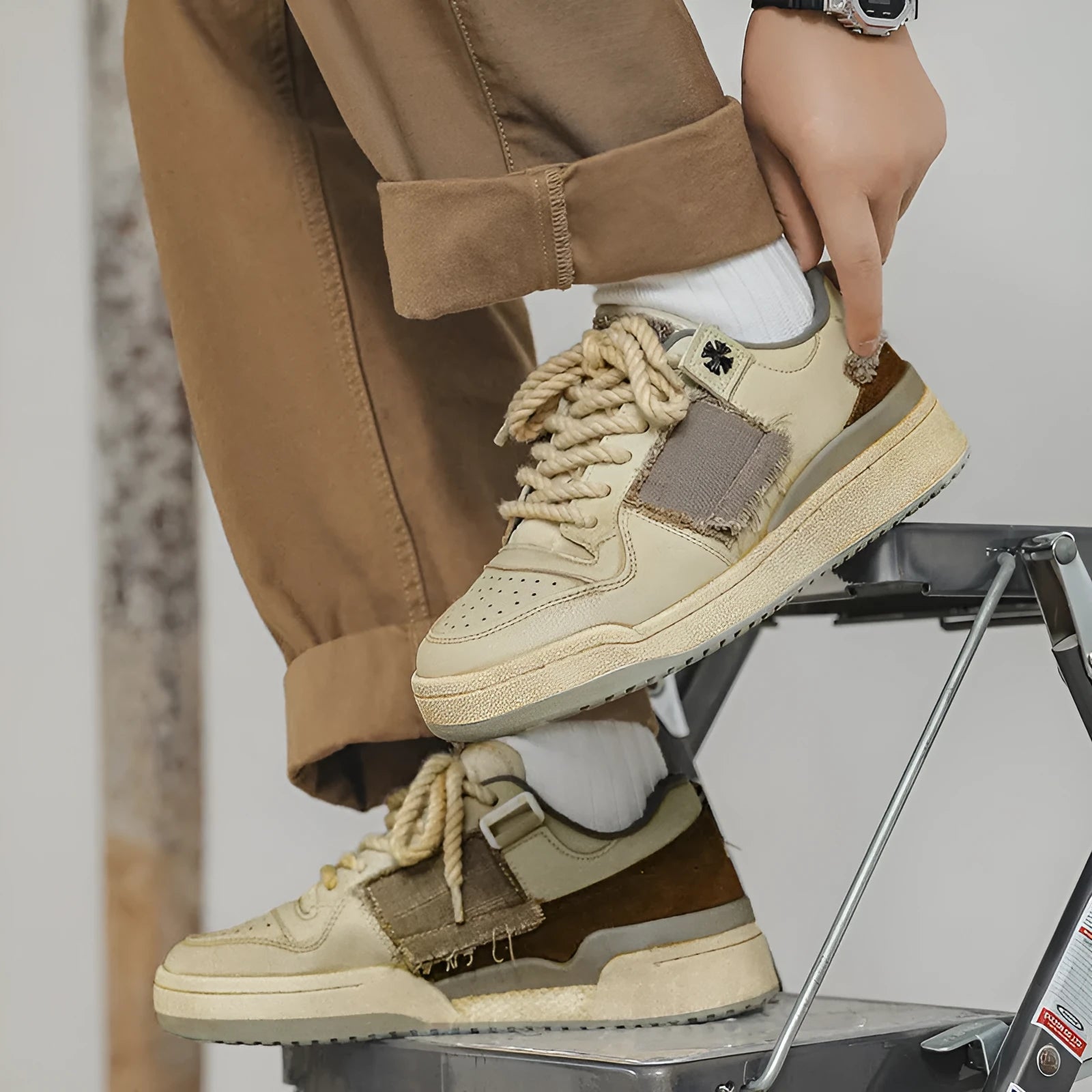 Beige vintage style low top skateboard shoes with flat rubber sole and lace-up front.
