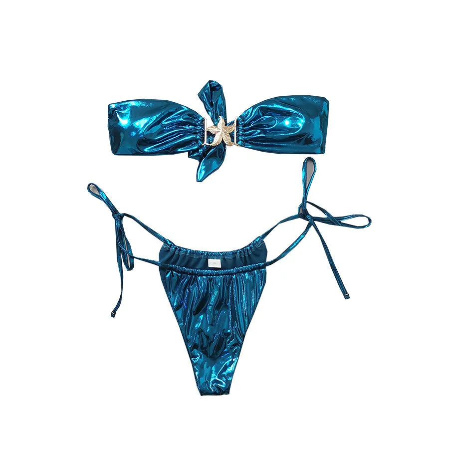 Glossy tube top split bikini with gold starfish print in sapphire blue.