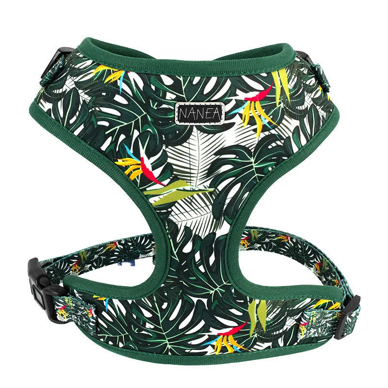 Adjustable cloth dog harness set with haulage rope, collar, waste bag, bow tie, and triangular scarf accessories