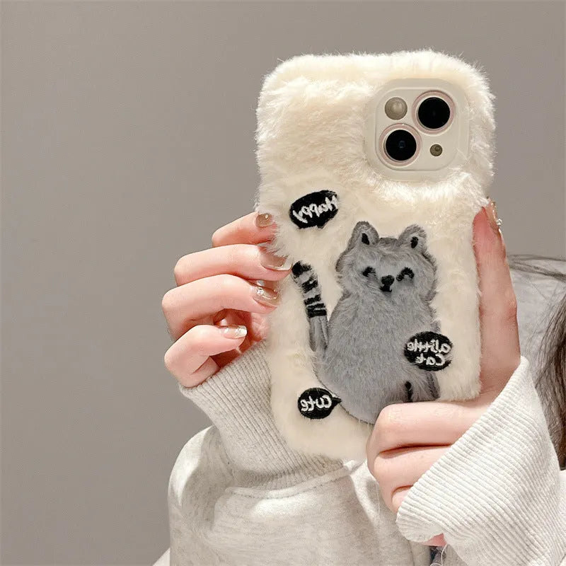 TPU phone case with plush embroidery happy cat and furry texture for Apple iPhone
