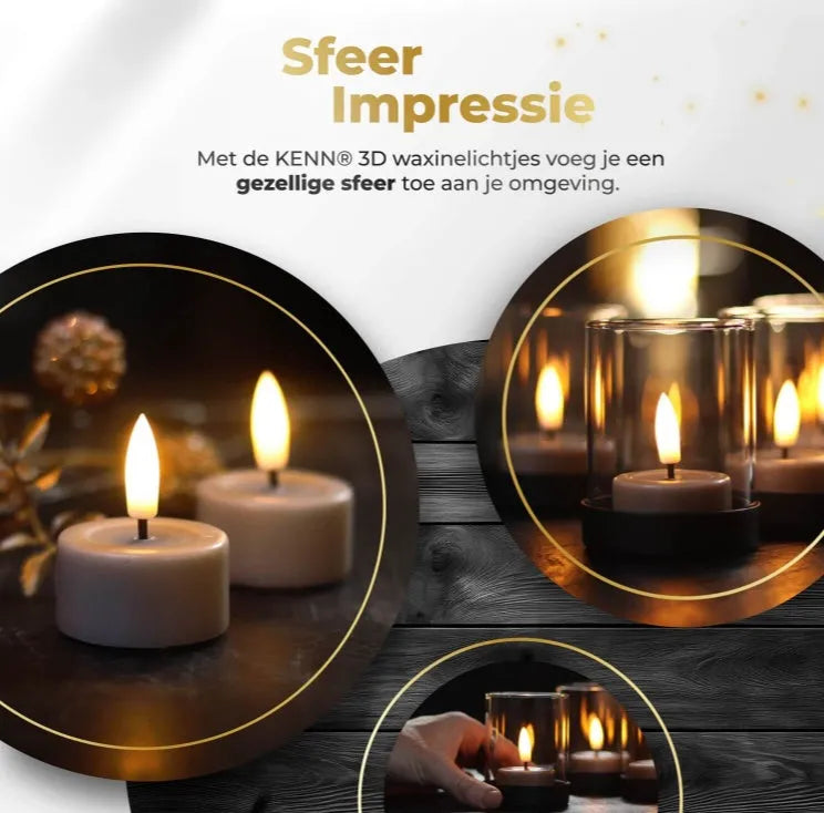 Taupe coloured S10 3D flame LED tealight candle showing flickering light effect.