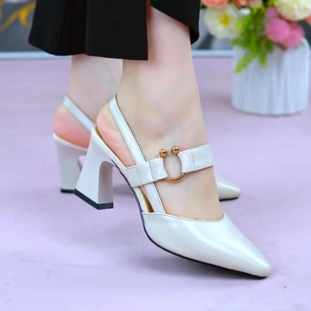 Women's closed toe back empty leather chunky heel sandals in apricot colour