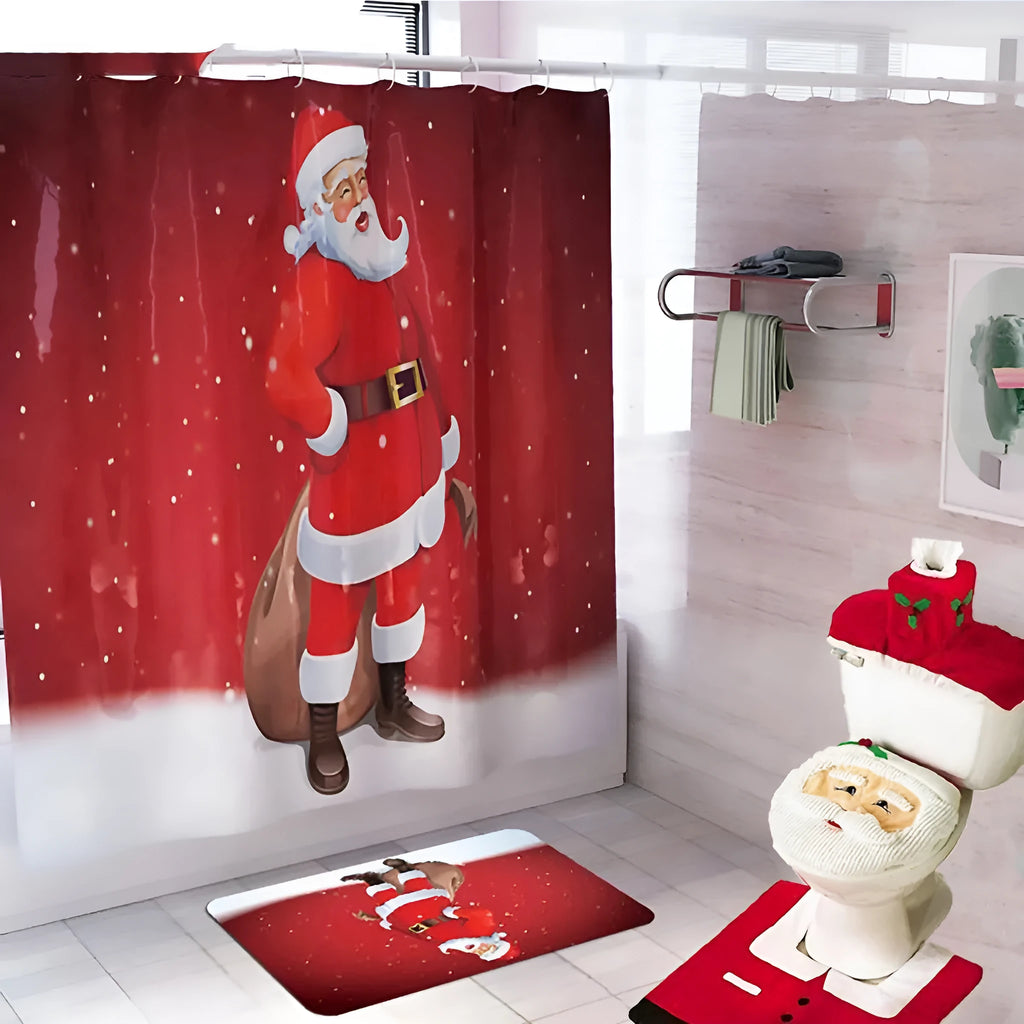 Christmas bathroom decoration set with flannel fabric toilet cover, floor mat, and Santa Claus design