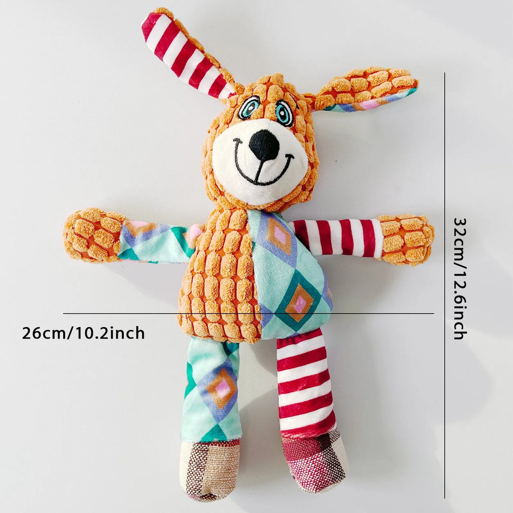 Plush dog squeaky toy with bite resistant fabric and collision colour pattern for small and large breeds