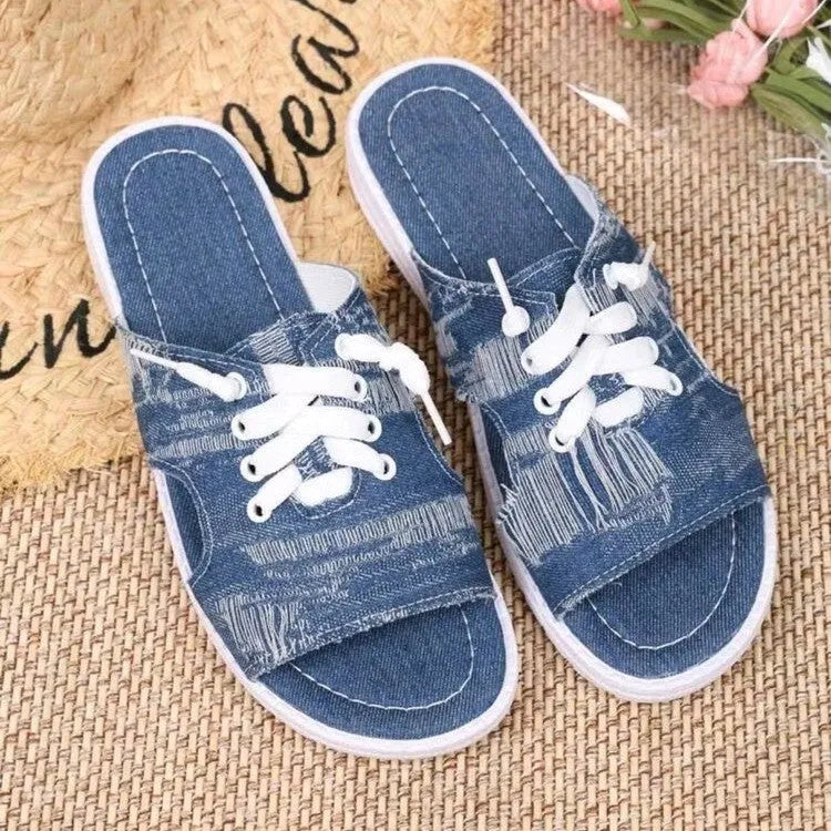 Blue women's Roman style canvas slippers with cloth upper and rubber sole in sizes 36-43
