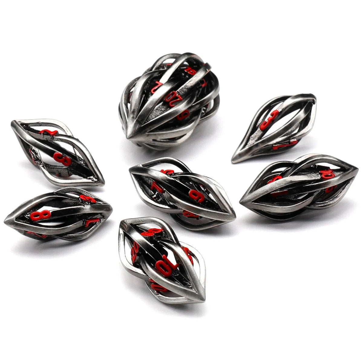 Seven copper metal melon seed shape dice with antique silver finish and coloured characters for board game props