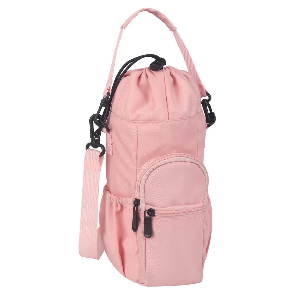 Canvas water bottle pouch with crossbody strap in black, green, or pink colour