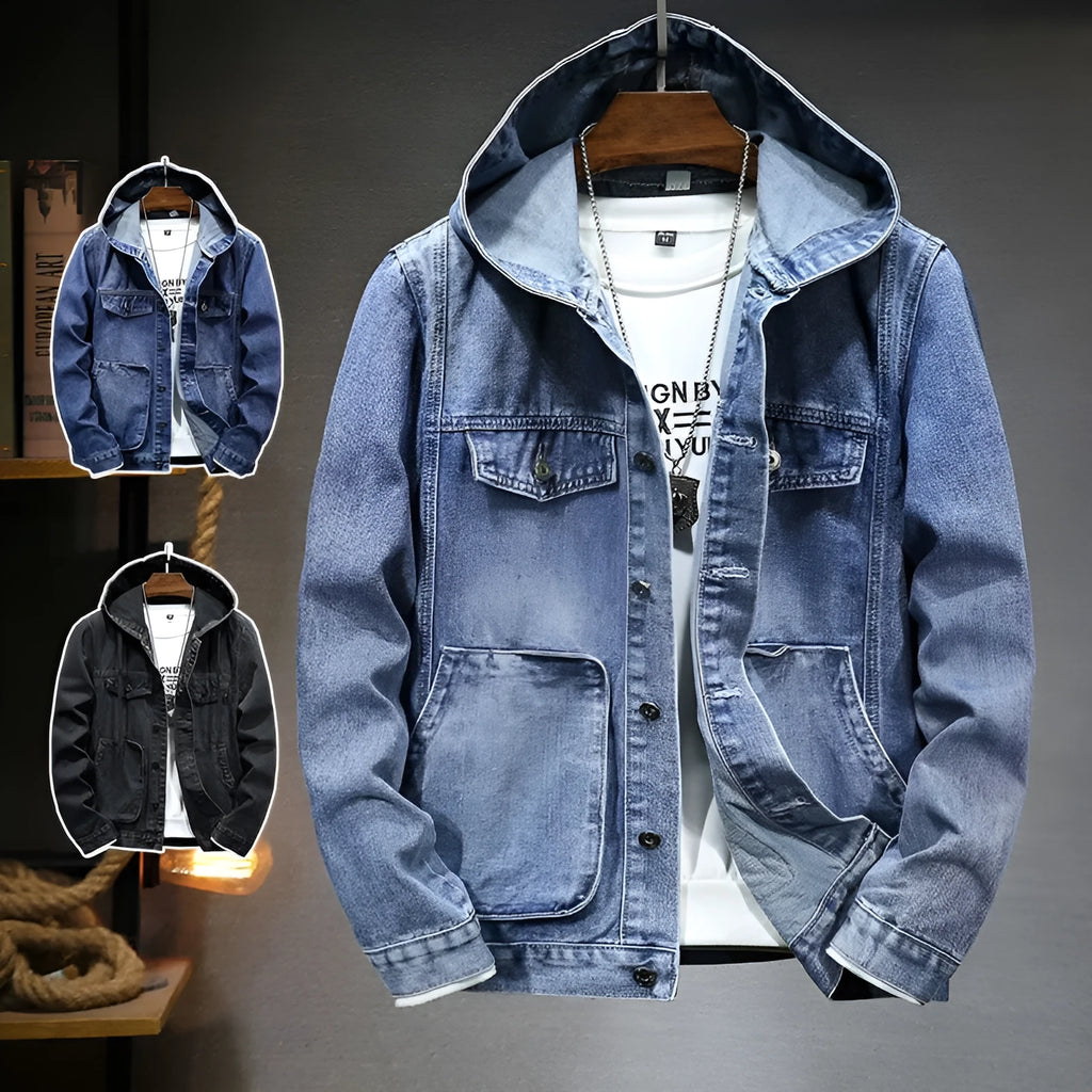 Men's trendy hooded denim jacket in light blue with slim fit, cotton lining, and size stick pockets