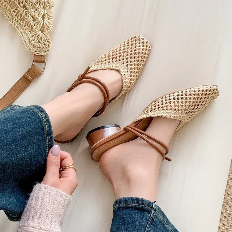 Women's black square toe slippers with hollow-out design and thick chunky heel