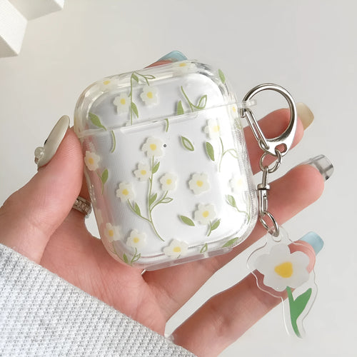 White floral patterned transparent TPU protective cover for Apple AirPods showing compatibility with multiple models