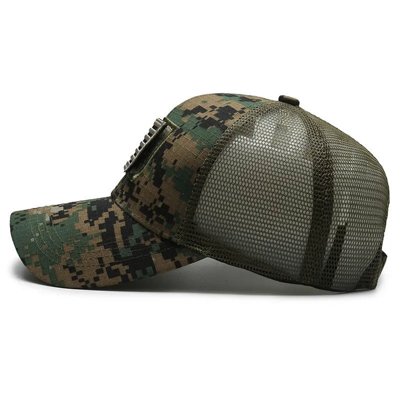 Adjustable tactical camouflage baseball hat with Velcro tear mark patches in dome style