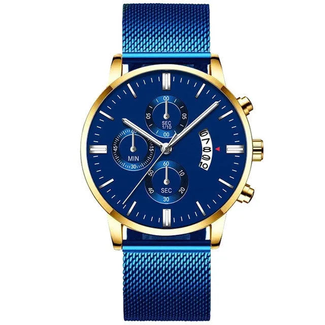Men's stainless steel mesh band quartz watch with analog display and decorative sub-dial.