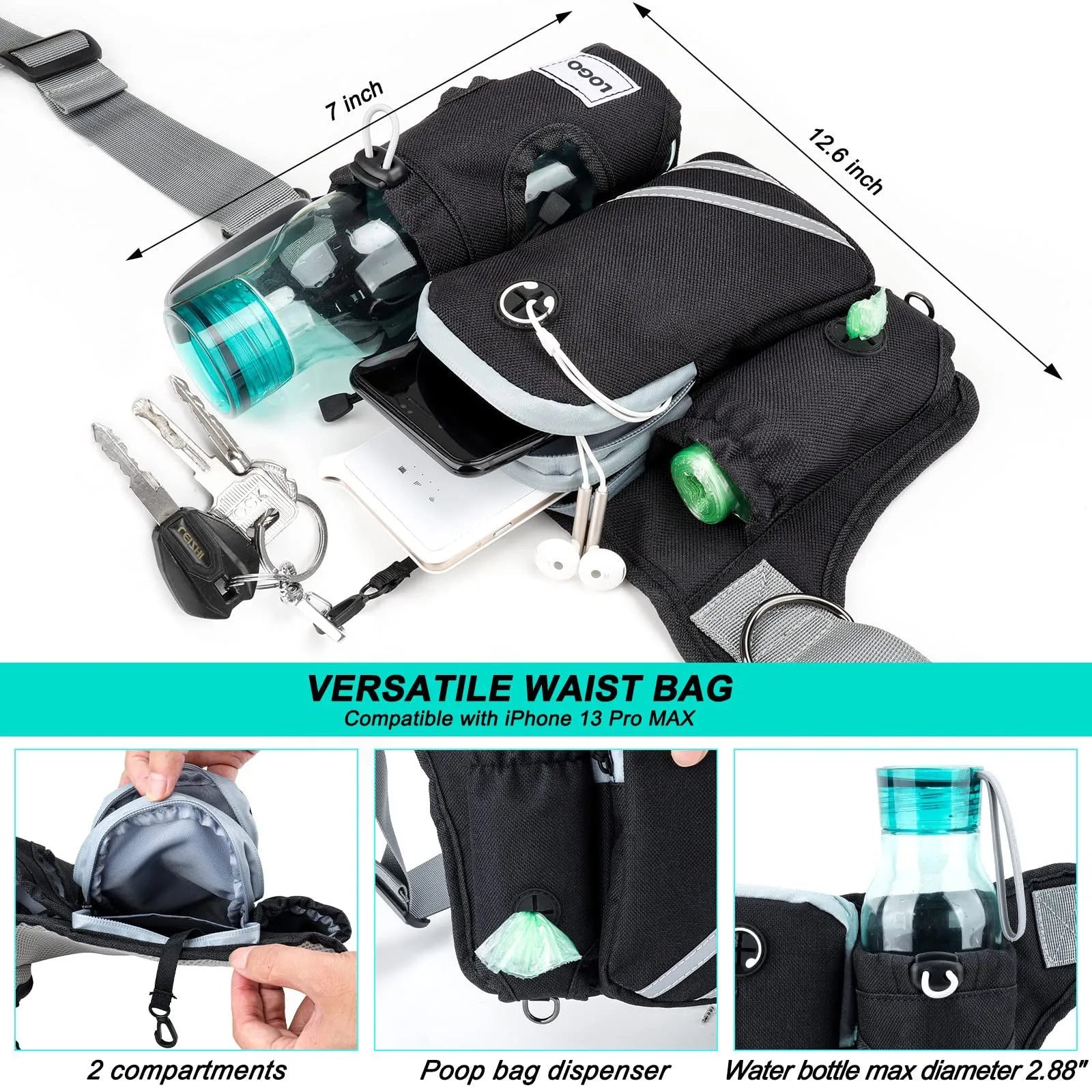 Black nylon dog walking waist bag with matching leash and collar set for outdoor training