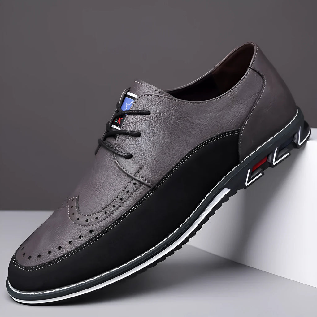 Men's black leather casual shoes with a low top, rubber sole, decorative stitching, and a leather toe cap.