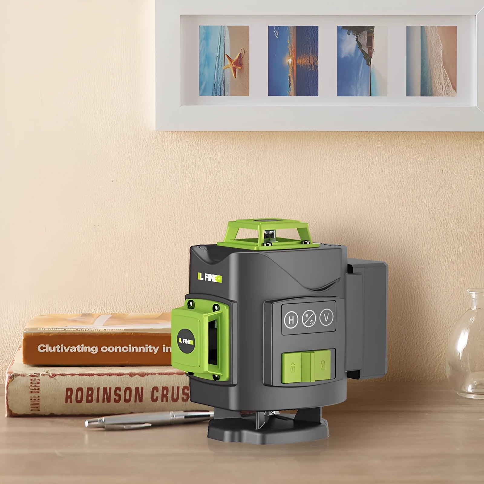 Green 16-line laser level tool with aluminium parts and nylon housing on a workbench.