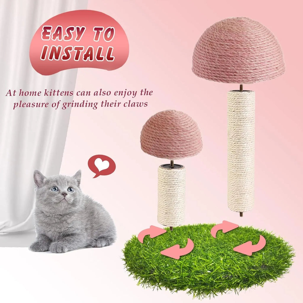 Pink mushroom-shaped cat scratching post with natural sisal covering for small cats