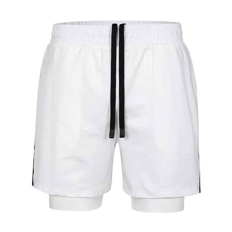 Men's plaid quick-drying sports shorts in polyester fabric shown in multiple colours.