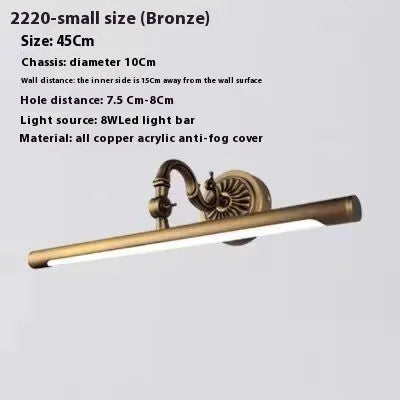 All copper 750mm mirror front lamp with 12W 4000K LED strip and acrylic anti-fog cover for bathroom