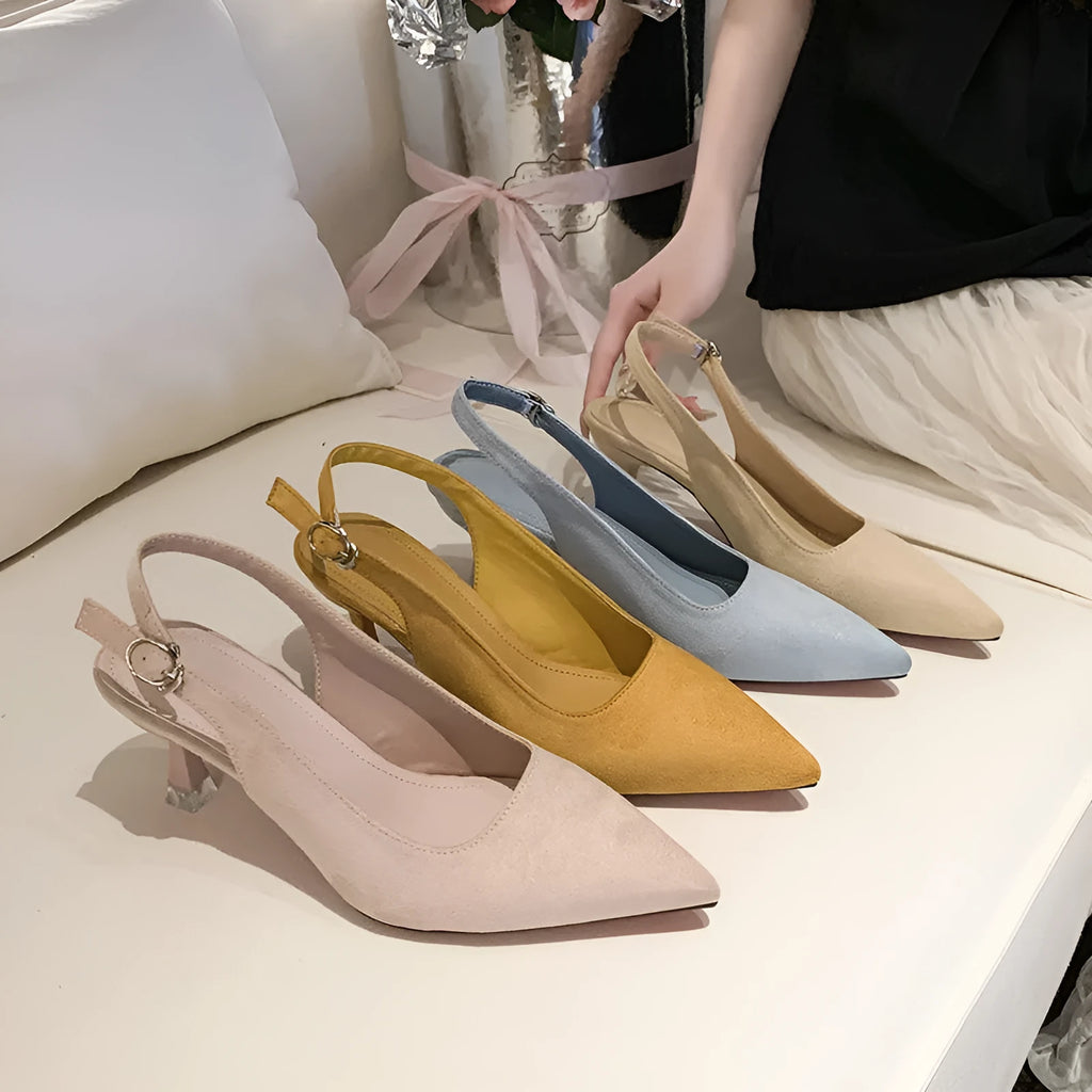 Women's suede stiletto heel pointed high heels in apricot, pink, sky blue, and yellow colours
