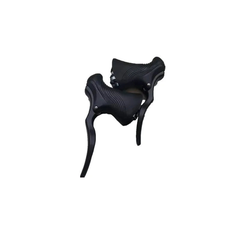 A pair of aluminium alloy road bicycle brake handles in black and black-silver colours.